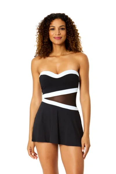 Anne Cole Gabor Mesh Paneled Strapless Mesh Swim Dress In Black