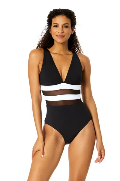 Anne Cole Gabor Mesh Plunge Front Colorblock Mesh One Piece Swimsuit In Black