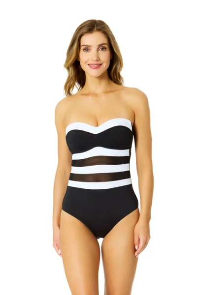 Anne Cole Gabor Mesh Strapless Colorblock Mesh One Piece Swimsuit In Black