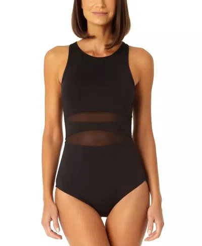 Anne Cole High-neck Mesh-insert One-piece Swimsuit In Black