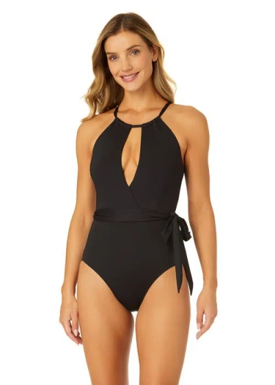 Anne Cole Live In Color High Neck Plunge One Piece Swimsuit In Black