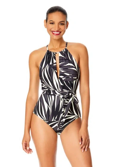 Anne Cole Live In Color High Neck Plunge One Piece Swimsuit In Black White