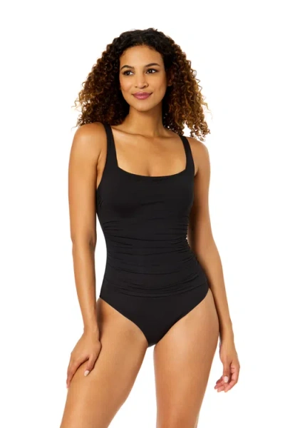 Anne Cole Live In Color Solid Hidden Underwire Classic Square Neck Shirred One Piece Swimsuit In Black