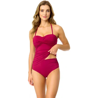 Anne Cole Live In Color Solid Twist Front Bandeaukini Swim Top In Burgundy