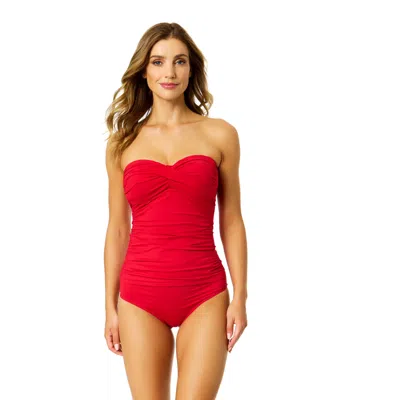 Anne Cole Live In Color Solid Twist Front Bandeaukini Swim Top In Red