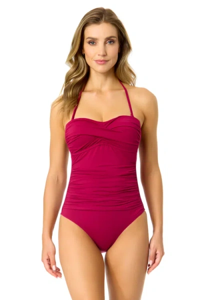 Anne Cole Live In Color Solid Twist Front Shirred One Piece Swimsuit In Red