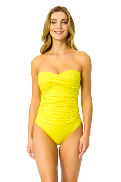 Anne Cole Live In Color Solid Twist Front Shirred One Piece Swimsuit In Yellow