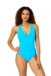 Anne Cole Live In Color Solid V Neck Cross Back One Piece Swimsuit In Blue