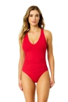 Anne Cole Live In Color Solid V Neck Cross Back One Piece Swimsuit In Red