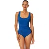 Anne Cole Live In Color Square Neck Shirred One Piece Swimsuit In Slate Blue