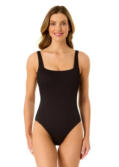 Anne Cole Live In Color Textured Classic Square Neck One Piece Swimsuit In Black