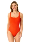 Anne Cole Live In Color Textured Classic Square Neck One Piece Swimsuit In Paprika Flame