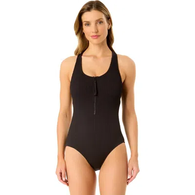 Anne Cole Live In Color Textured Scoop Neck Front Racerback One Piece Swimsuit In Black