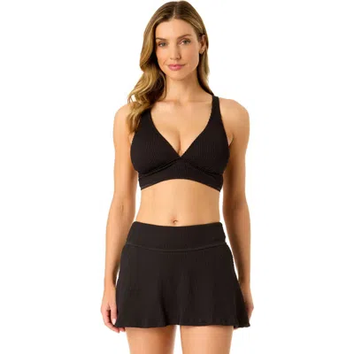 Anne Cole Live In Color Textured Shirred Soft Band Bralette Bikini Swim Top In Black