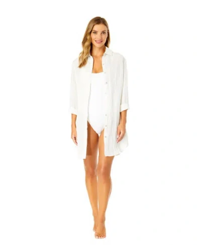 Anne Cole Long Sleeve Button Up Cover Up In Gardenia