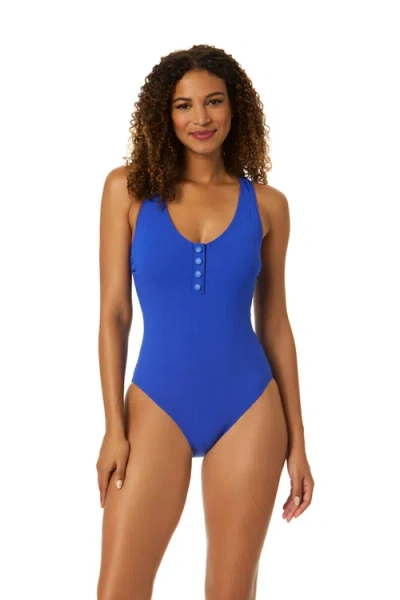 Anne Cole Luna Snap Solid Scoop Neck Halter One Piece Swimsuit In Blue