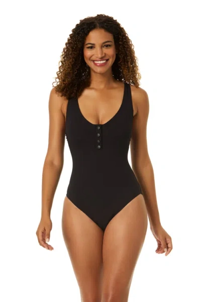 Anne Cole Luna Snap Solid Scoop Neck Halter One Piece Swimsuit In Brown