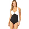 Anne Cole Mesh Around U Ring Mesh Insert One Piece Swimsuit In Black & White