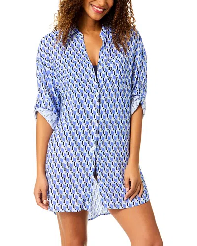 Anne Cole Mid Length Shirttail Button Down In Blue