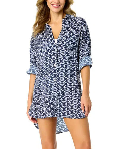 Anne Cole Mid Length Shirttail Button Down In Blue
