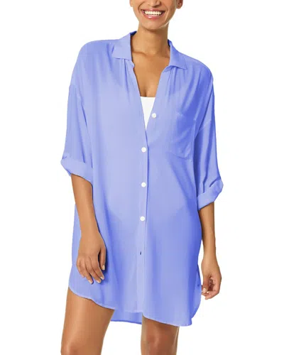 Anne Cole Mid Length Shirttail Button Down Top In Blue