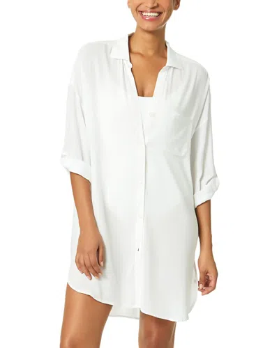 Anne Cole Mid Length Shirttail Button Down Top In White
