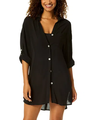 Anne Cole Mid Length Shirttail Button Down Top In Black