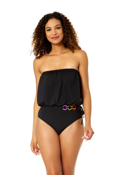 Anne Cole Mod Tropical Black Strapless Belted Ring One Piece Swimsuit