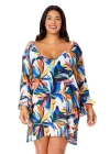 Anne Cole Plus Riviera Floral Flounce V Neck Tunic Swimsuit Cover Up In Riviera Floral