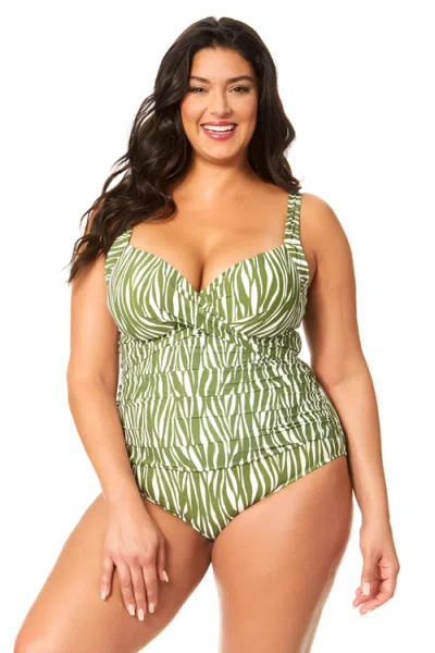 Anne Cole Plus Sierra Woodblock Underwire Surplice One Piece Swimsuit In Green
