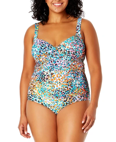Anne Cole Plus Size Abstract-print Draped-front One-piece Swimsuit In Multi Color