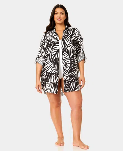 Anne Cole Plus Size Button Down Cover-up Shirt In Black