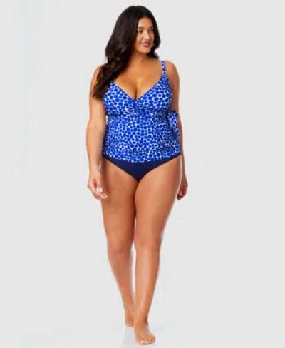 Anne Cole Plus Size Denim Dot Wrap Tie Tankini Top High Waist Bikini Bottoms In Blue