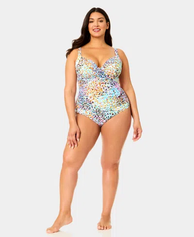 Anne Cole Plus Size Drape Front Underwire One-piece Swimsuit In Multi