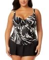 Anne Cole Plus Size Printed Draped-front Underwire Tankini Top In Black White