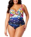 Anne Cole Plus Size Floral-print Draped-front Underwire One-piece Swimsuit In Multi