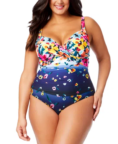 Anne Cole Plus Size Floral-print Draped-front Underwire One-piece Swimsuit In Multi