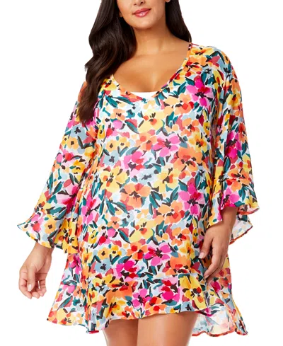 Anne Cole Plus Size Floral-print Flounce Tunic Swim Cover-up In Multi