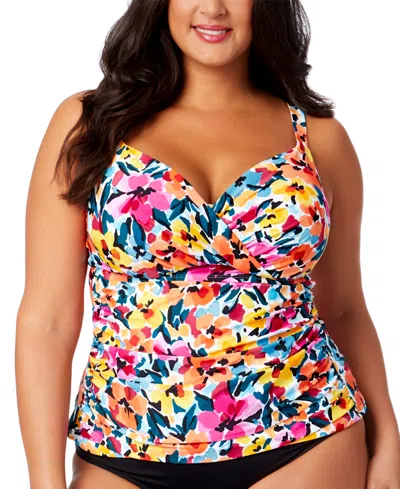 Anne Cole Plus Size Floral-print Surplice Underwire Tankini Top In Multi