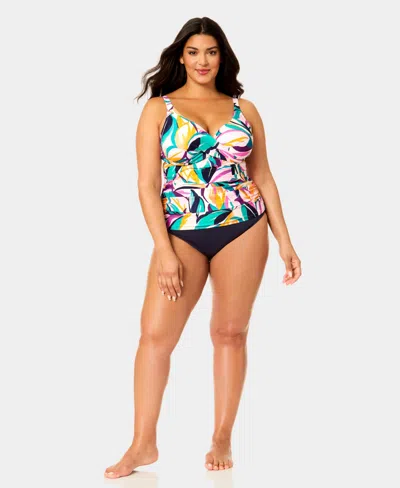 Anne Cole Plus Size Hidden Underwire Drape Front Tankini Top In Multi