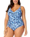 Anne Cole Plus Size Printed Draped-front Underwire One-piece Swimsuit In Blue White