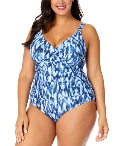 Anne Cole Plus Size Printed Draped-front Underwire One-piece Swimsuit In Blue White