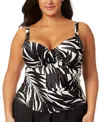 Anne Cole Plus Size Printed Draped-front Underwire Tankini Top In Black White