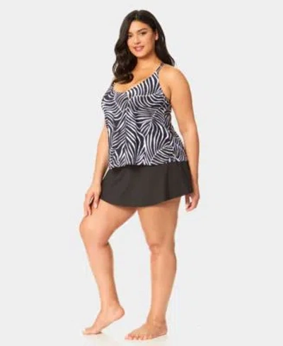 Anne Cole Plus Size Printed Easy Tri Tankini Top Skirt In Black