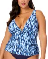 Anne Cole Plus Size Printed Ring-trim Plunge Tankini Top In Blue White