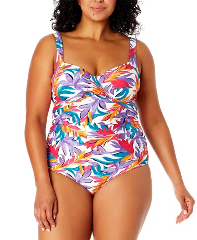 Anne Cole Plus Size Printed Shirred One-piece Swimsuit In White Print