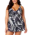 Anne Cole Plus Size Printed Draped-front Underwire Tankini Top In Black White