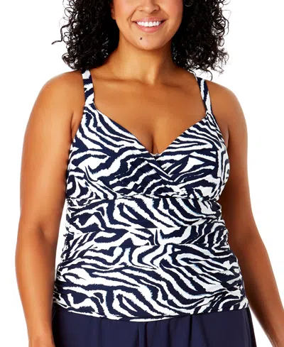 Anne Cole Plus Size Printed Tankini Top In Navy  White