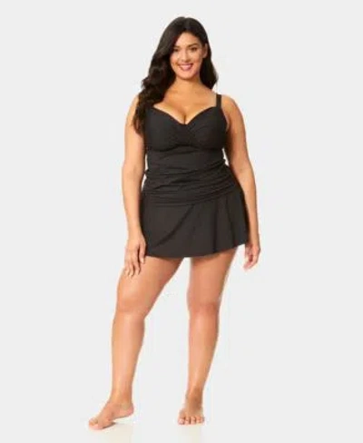 Anne Cole Plus Size Shirred Tankini Top Skirt In Black