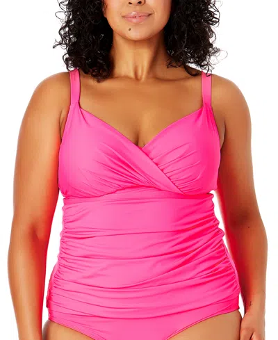Anne Cole Plus Size Surplice-neck Ruched Tankini Top In Pink Punch